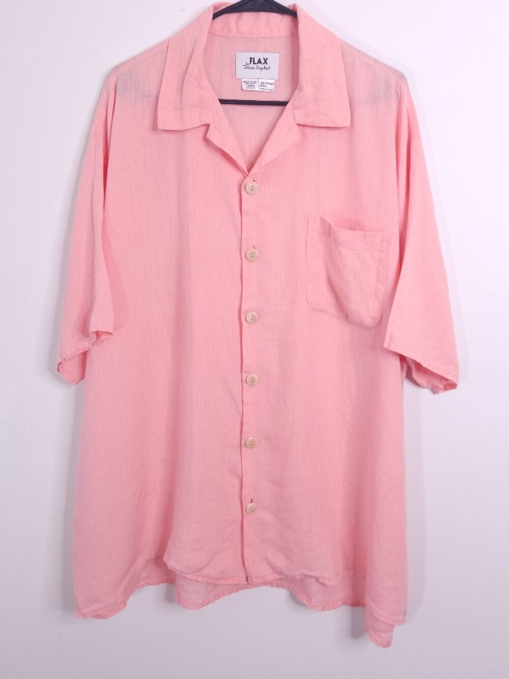 Vintage Flax 100% Linen Pale Pink Collared Short Sleeve Button Up Tunic L Flaw